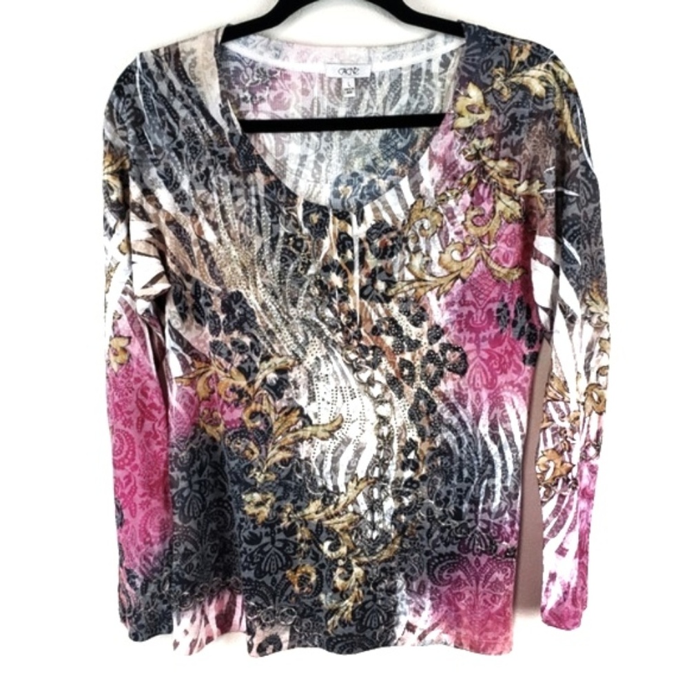 Caché printed rhinestone long sleeve top size L